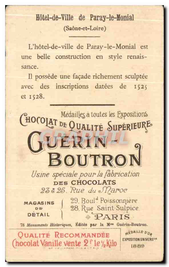 Chromo Chocolat Guerin Boutron Hotel De Ville Paray Le Monial — Rückseite