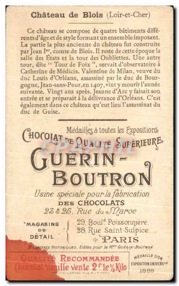 Chromo Chocolat Guerin Boutron Chateau De Blois — Verso