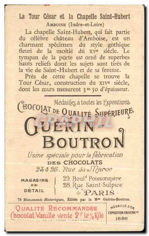 Chromo Chocolat Guerin Boutron La Tour Cesar Et La Chapelle Saint Hubert A Amboise — Rückseite