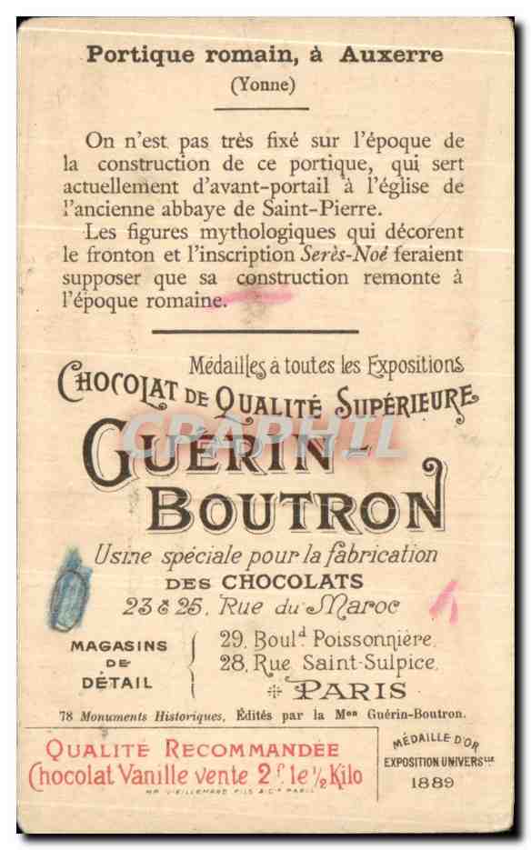 Chromo Chocolat Guerin Boutron Portique Romain a Auxerre — Rückseite