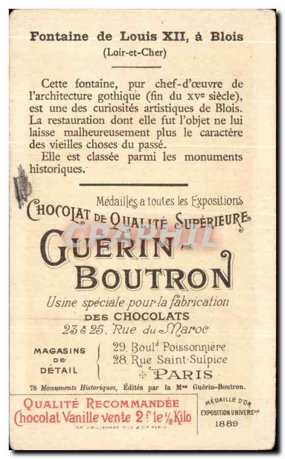 Chromo Chocolat Guerin Boutron Fontaine De Louis XII A Blois — Verso