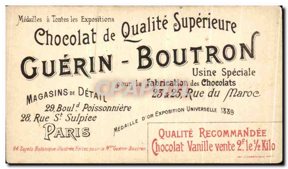 Chromo Chocolat Guerin Boutron Botanique Illustree L'Amandier Huile et Savons Nougats  — Verso