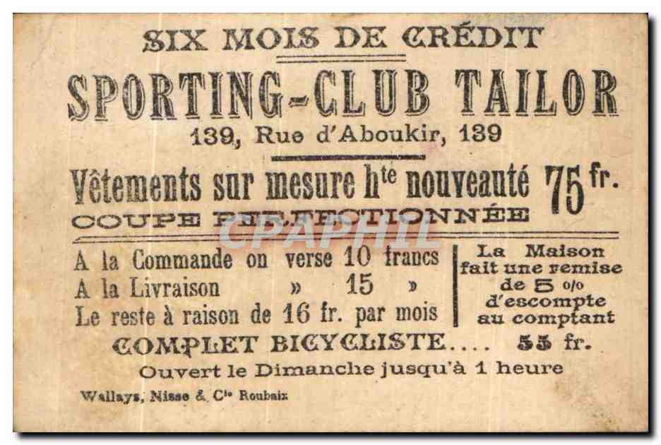 Image Six Mois De Credit Sporting Club Tailor Rue d'Aboukir Militaria — Verso