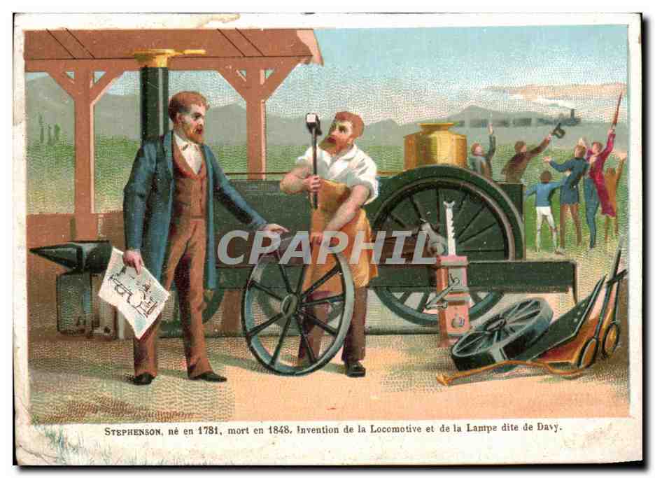 Chromo Stephenson Invention de La Locomotive et de la Lampe dite de Davy