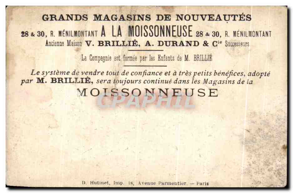 Chromo Grands Magasins De Nouveautes La Moissonneuse Menilmontant Paris Enfants — Verso