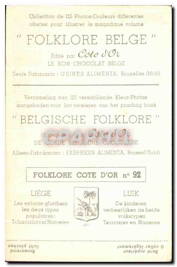 Image Folklore Belge Le bon Chocolat Belge Liege Les enfants glorifient les deux types populaires : Tchantches et Naness — Verso