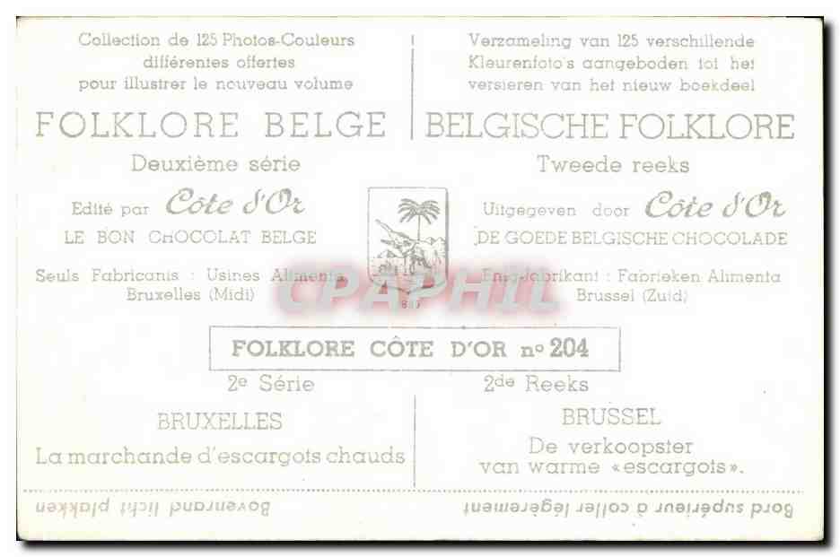 Image Collection de Folklore Belge Cote d'or Bruxelles La marchande d'escargots chauds — Verso