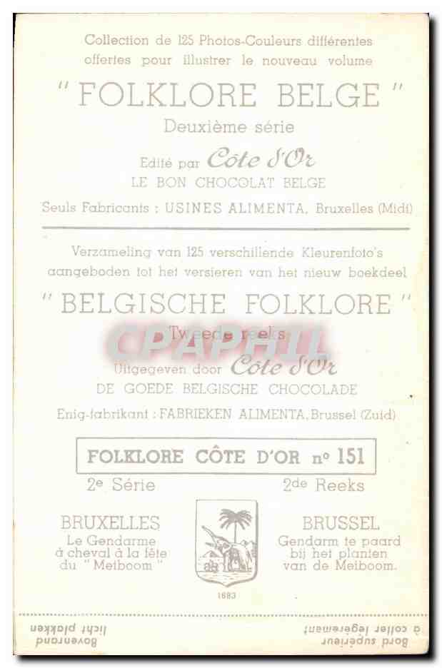 Image Collection de Folklore Belge Cote d'or Bruxelles Le gendarme a cheval a la fete du Melboom — Back