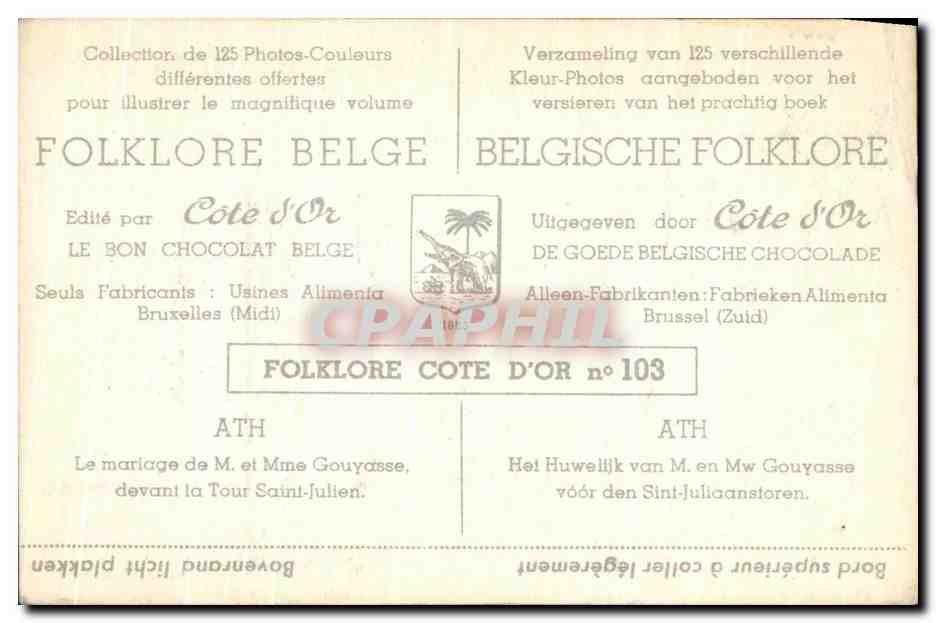 Mariage de M. et Mme Gouyasse devant la Tour Saint-Julien — Folklore belge — Côte d'Or n°103 — Rückseite