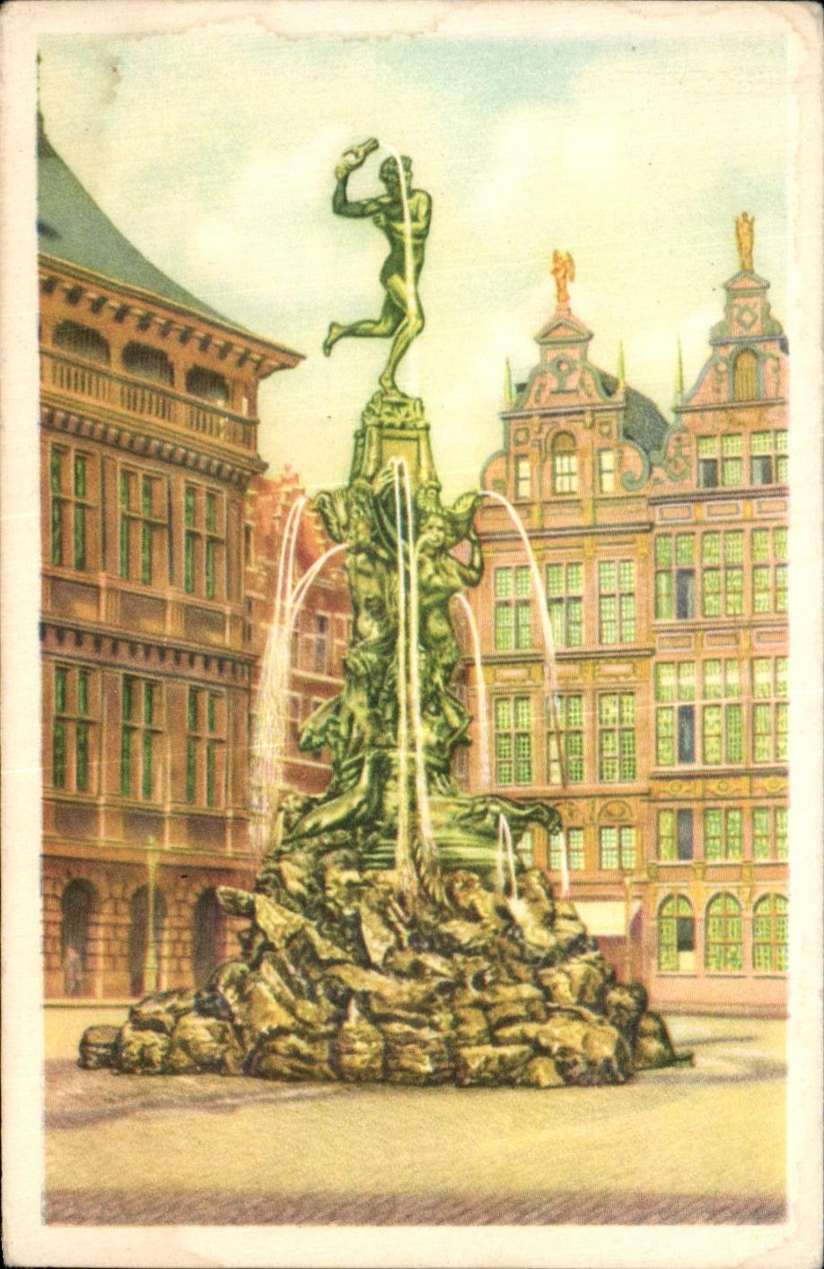 Image Collection de Folklore Belge Cote d'or Anvers Statue de Salvius Brabo jetant dans l'Escaut la main du geant Druon 