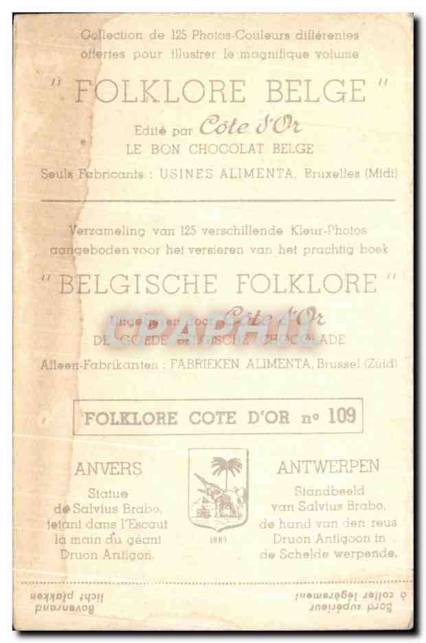 Image Collection de Folklore Belge Cote d'or Anvers Statue de Salvius Brabo jetant dans l'Escaut la main du geant Druon  — Verso