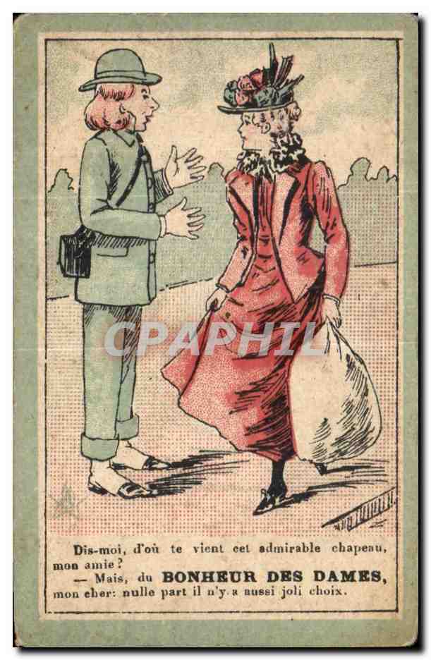 Deux dames en conversation — publicité pour 'Au Bonheur des Dames' — éditeur : CHR. A GOMBERT & SOEUR, HALLUIN