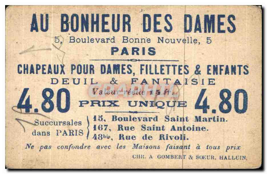 Deux dames en conversation — publicité pour 'Au Bonheur des Dames' — éditeur : CHR. A GOMBERT & SOEUR, HALLUIN — Reverso