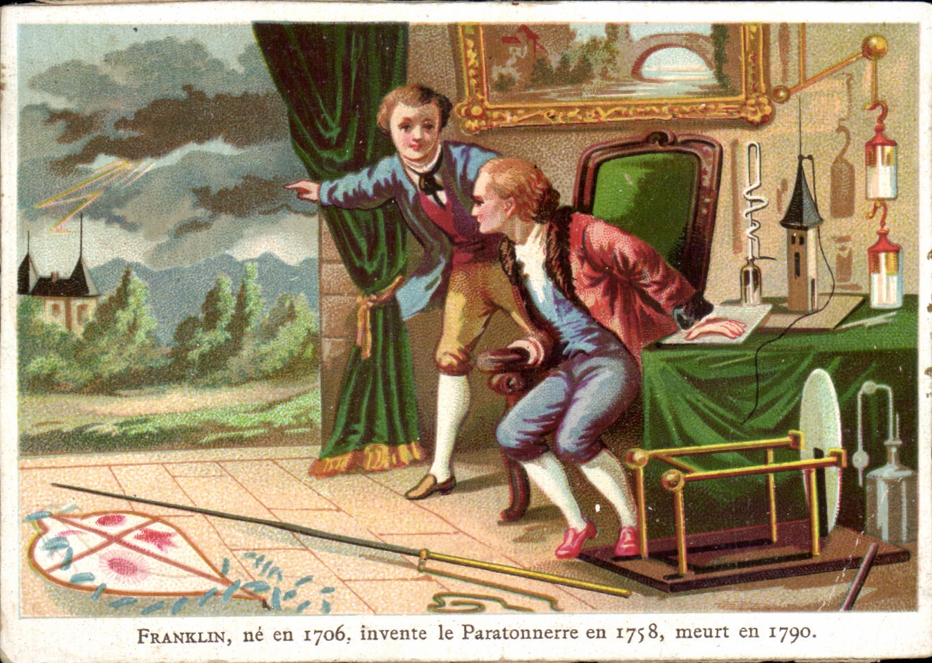Chromo Franklin ne en 1706 Invente Le Paratonnerre En Meurt En 1790
