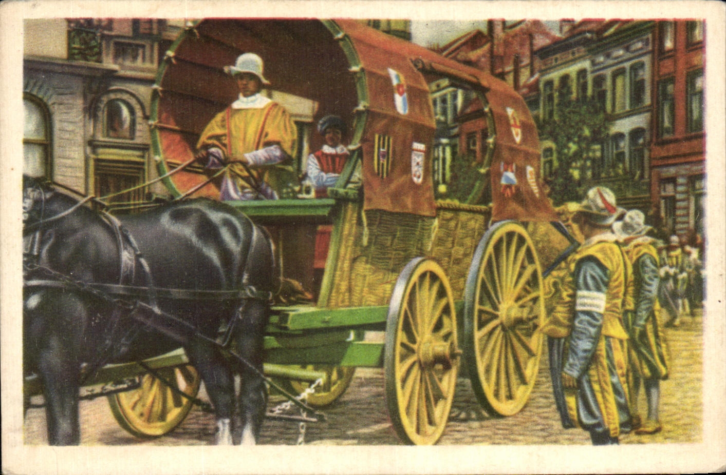 Image Folklore belge Cote d'or Bruxelles l'Ommegang reconstitue en 1935 Le chariot de voyage de la chambre de rhetorique