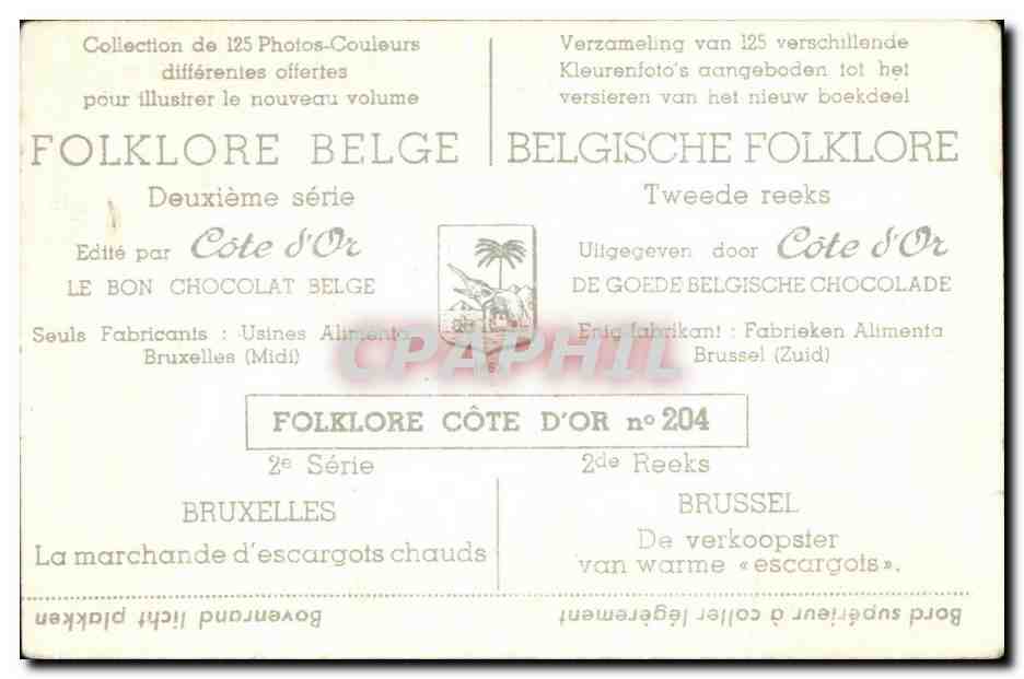 Image Folklore belge Cote d'or Bruxelles La marchande d'escargots chauds  — Verso