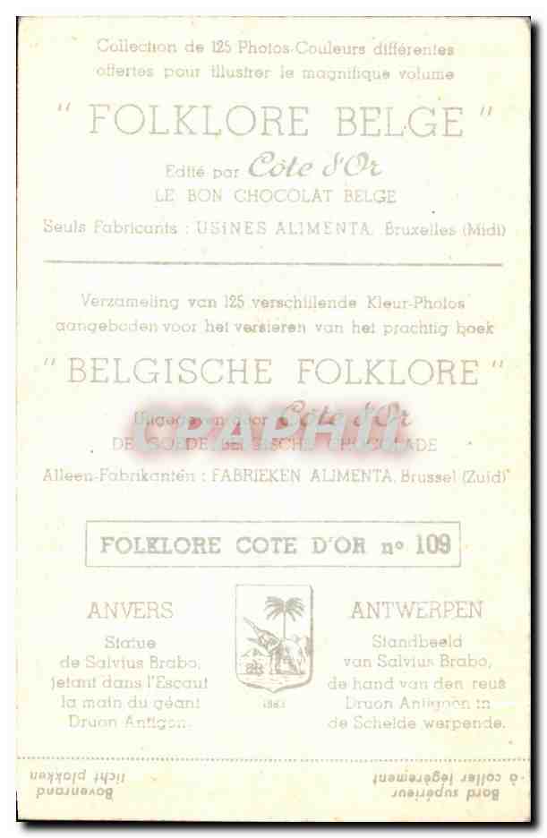 Image Folklore belge Cote d'or Anvers Statue de Salvius Brabo jetant dans l'Escaut la main du geant Druon Antigon  — Verso