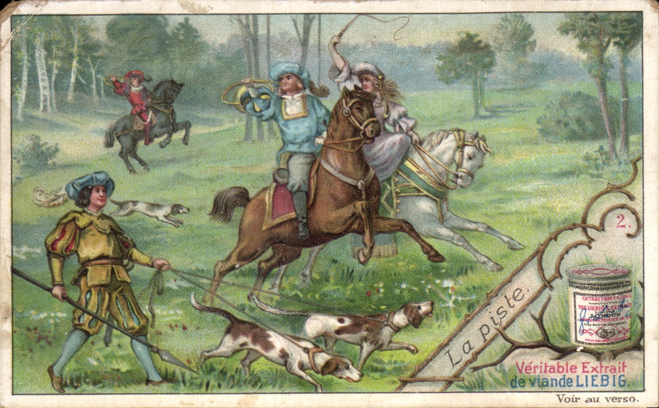 Chromo Liebig La piste Chasse a cour chien cheval Nain