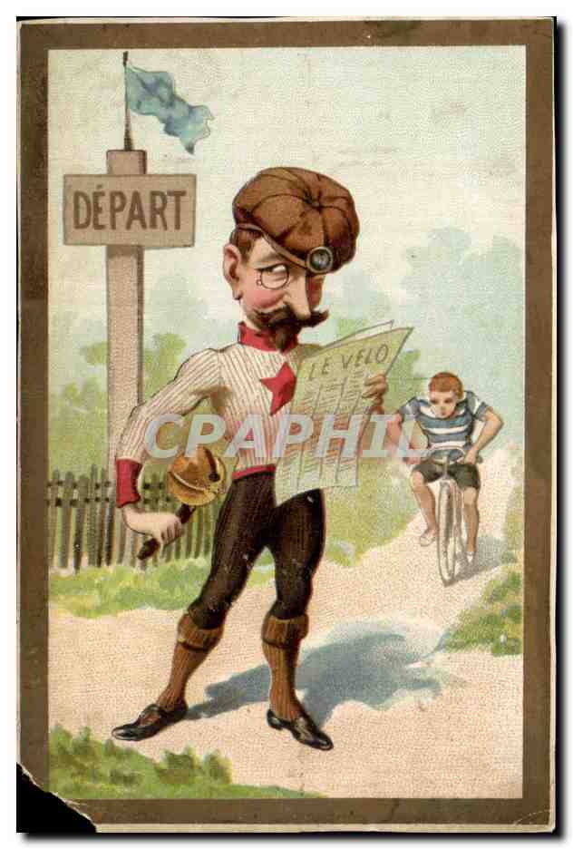 Départ du cyclisme — Caricature d'un cycliste avec un journal — Éditeur A. Legras, Paris