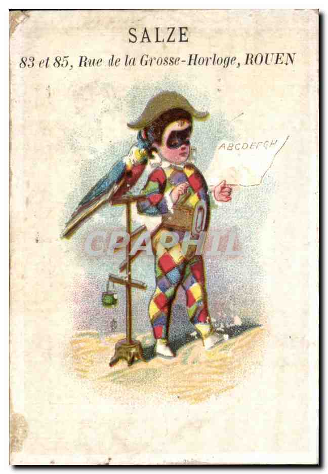 Joueur de harlequin avec perroquet — carte publicitaire pour la fabrique Salze — Rouen
