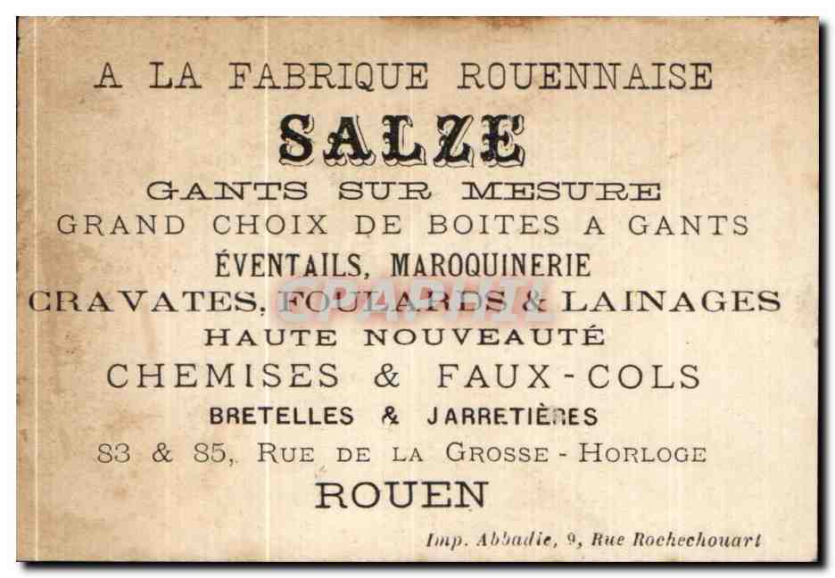 Joueur de harlequin avec perroquet — carte publicitaire pour la fabrique Salze — Rouen — Verso