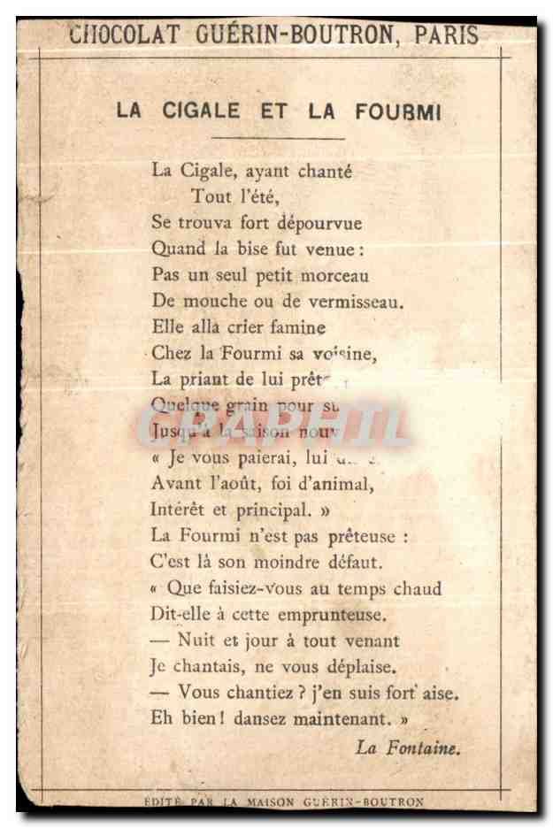 Chromo La Cigale et la Fourmi Chocolat Guerin Boutron Enfants — Verso