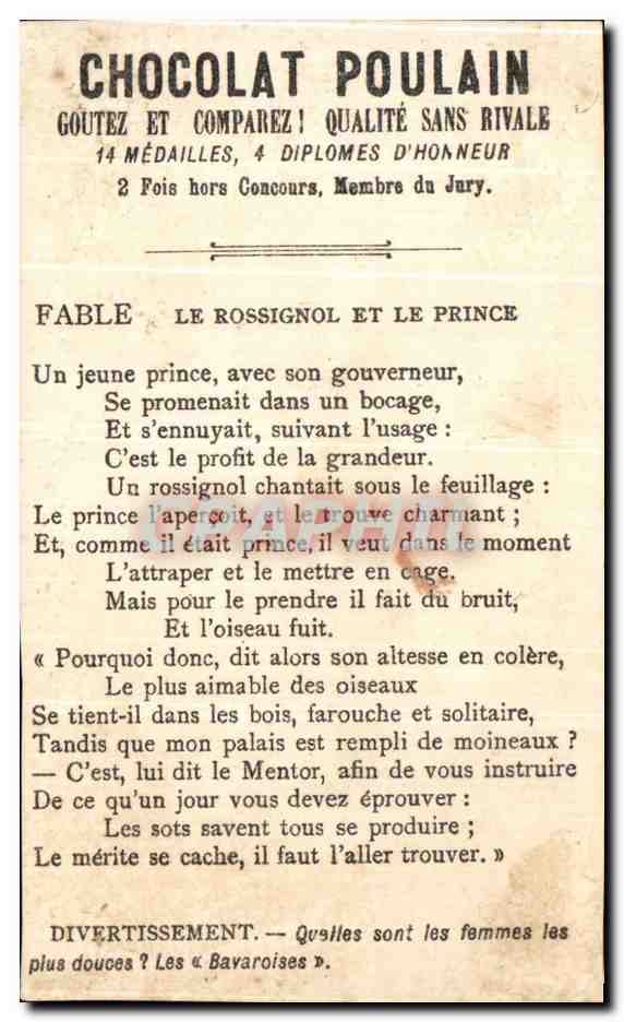 Chromo Chocolat Poulain Chats  — Verso