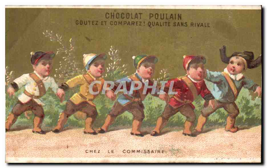 Cinq enfants en tenue de soldats — publicité pour le chocolat Poulain — éditeur : LITH. VALLET, MINOT & CIE, PARIS