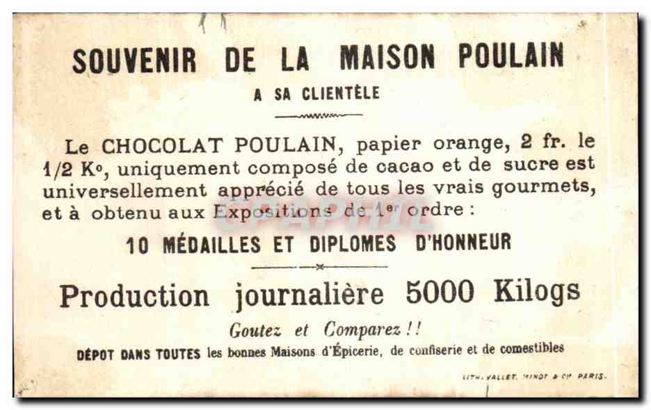 Cinq enfants en tenue de soldats — publicité pour le chocolat Poulain — éditeur : LITH. VALLET, MINOT & CIE, PARIS — Rückseite