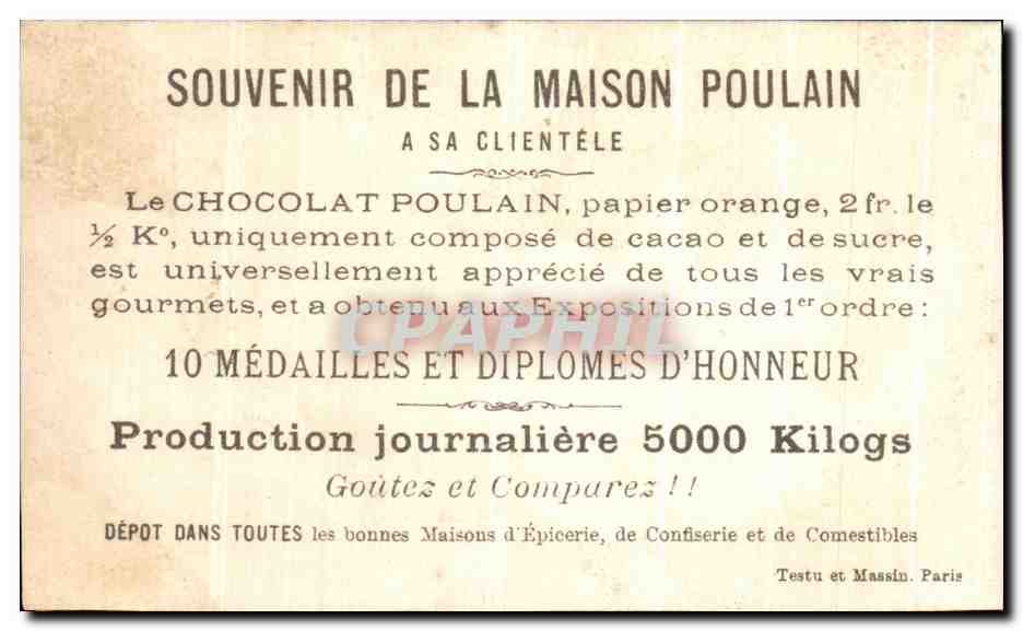 Chromo Chocolat Poulain Grenouille Crapaud Prends garde de te noyer  — Verso