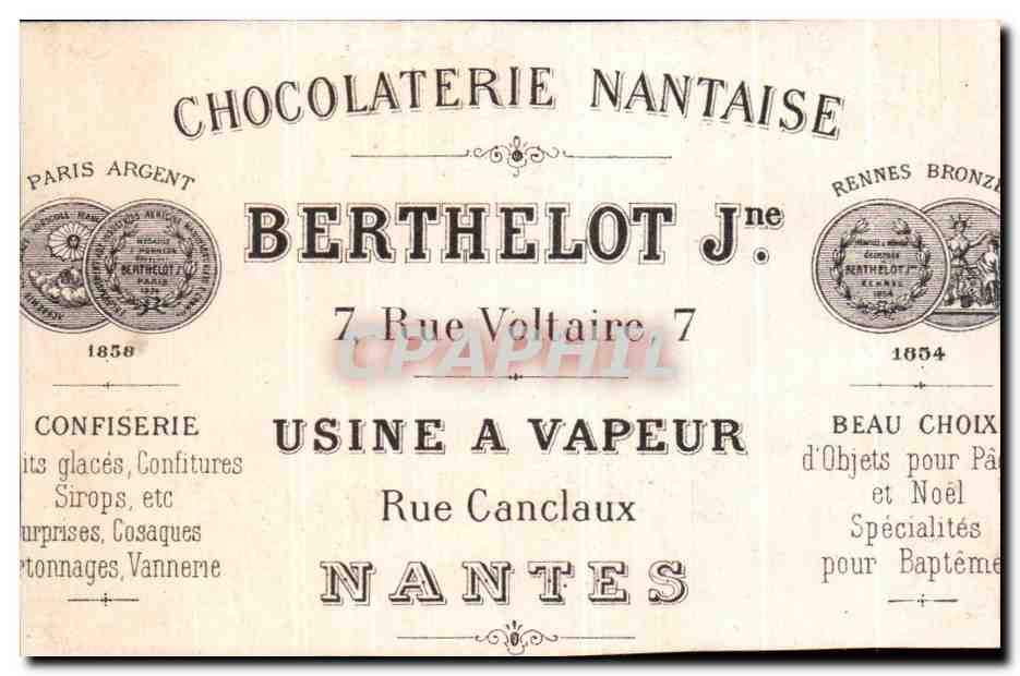 Chromo Chocolat Nantaise Berthelot Rue Voltaire Usine a vapeur Rue Canclaux Nantes Grenouille Canards Canetons  — Rückseite