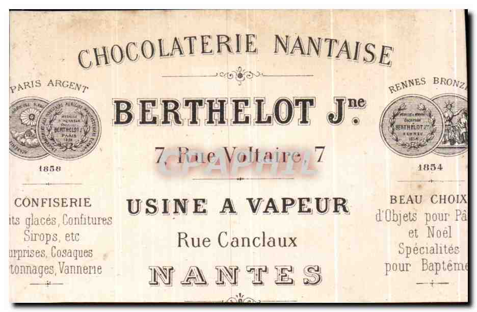 Chromo Chocolat Nantaise Berthelot Rue Voltaire Usine a vapeur Rue Canclaux Nantes Poule Canards Canetons  — Rückseite