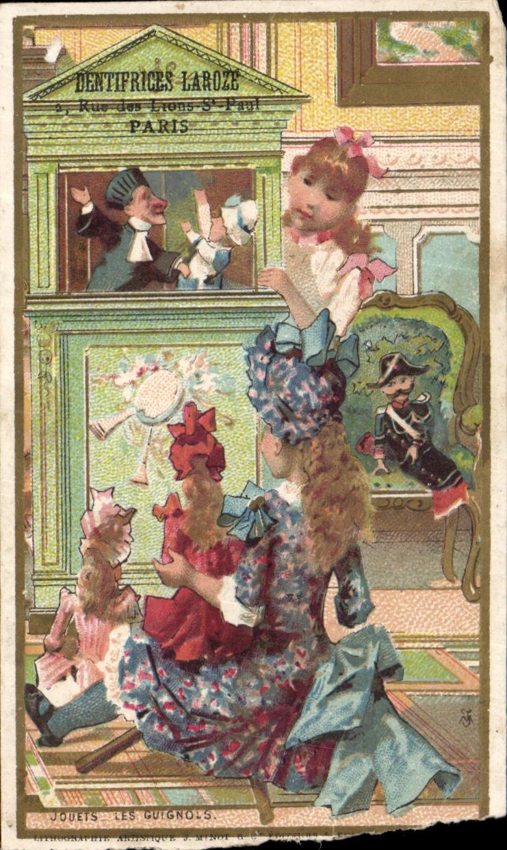 Chromo Dentifrices Laroze rue des Lions St Paul Paris Enfants Guignols Marionnettes 