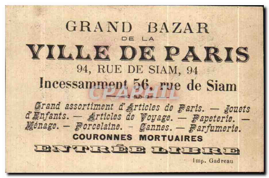 Chromo Grand Bazar Ville De Paris Rue De Siam Enfants Lapin  — Verso