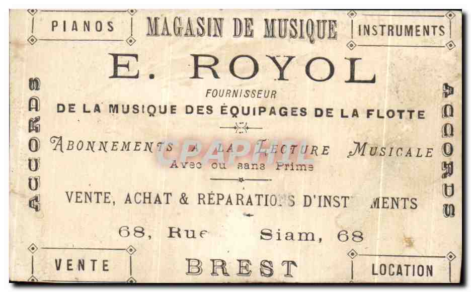 Chromo E Royol Pianos Fournisseur Musique des equipages de la flotte Rue du Siam Brest Militaria  — Rückseite