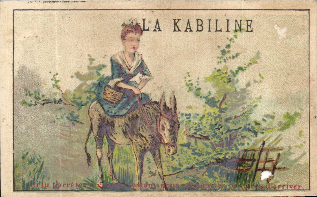 Chromo La Kabiline Femme sur un ane