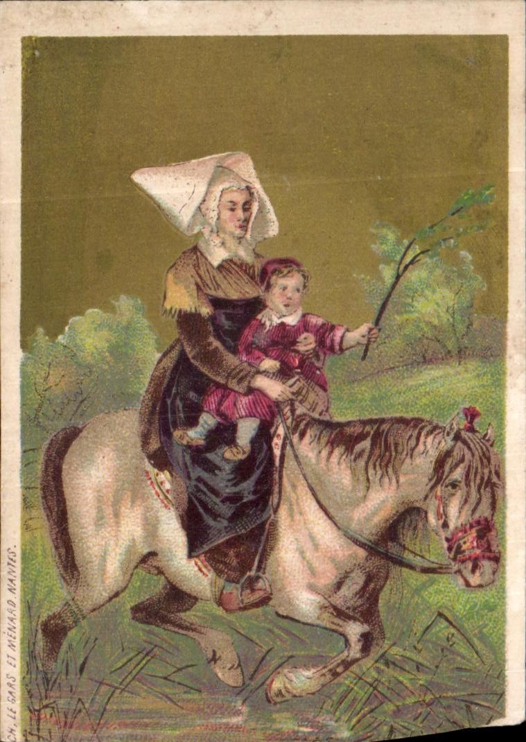Chromo Femme et enfant a cheval