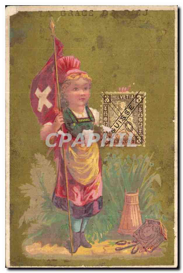 Chromo Mercerie Bonneterie Rubans Soieries Ferdinand Charrier Rue de la Paix Laval Timbre Suisse