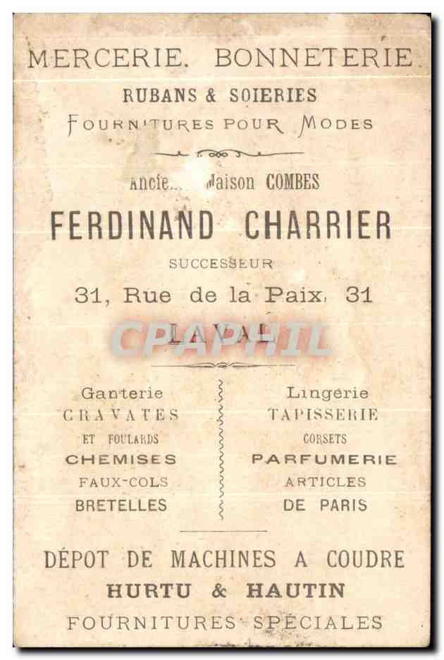 Chromo Mercerie Bonneterie Rubans Soieries Ferdinand Charrier Rue de la Paix Laval Timbre Suisse — Verso
