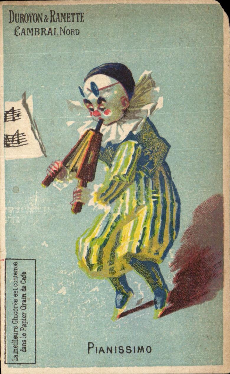 Clown jouant du piano — Duroyon & Ramette, Cambrai, Nord — série Pianissimo