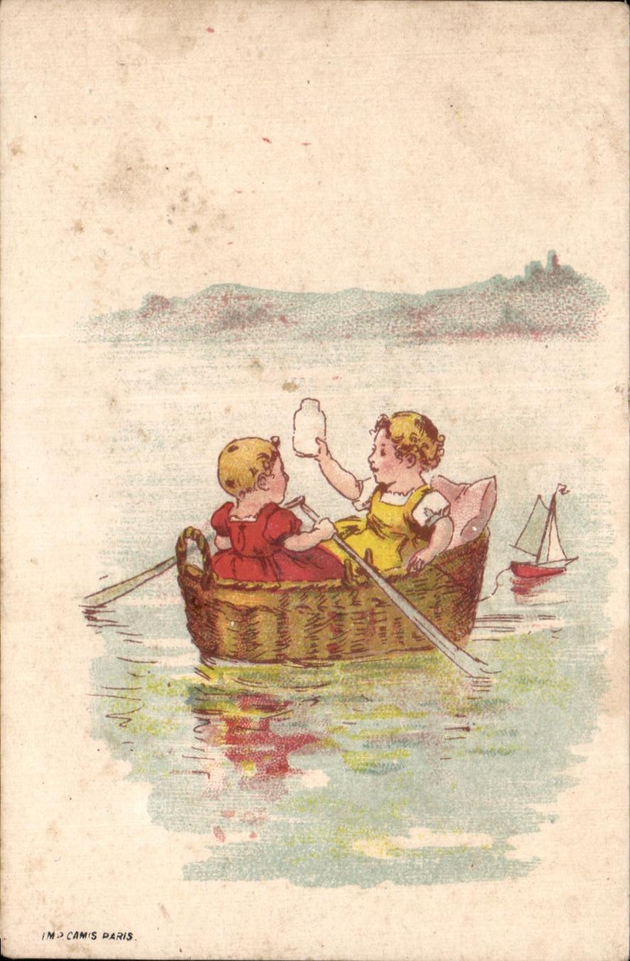 Deux enfants dans un panier-boat — scène de rivière — IM. CAMIS PARIS