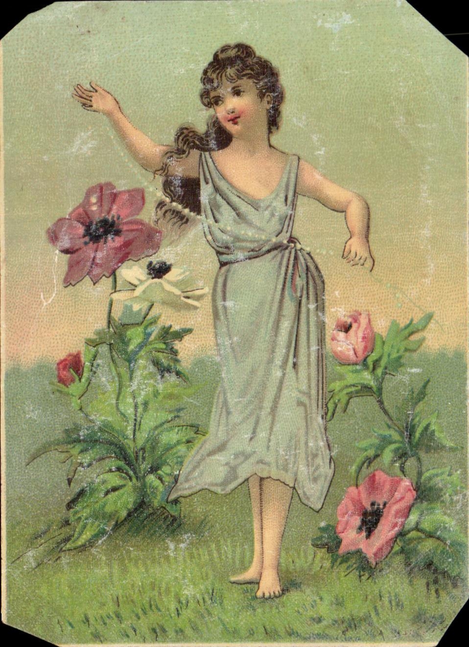 Fille dans un jardin — fleurs de pavot — éditeur inconnu