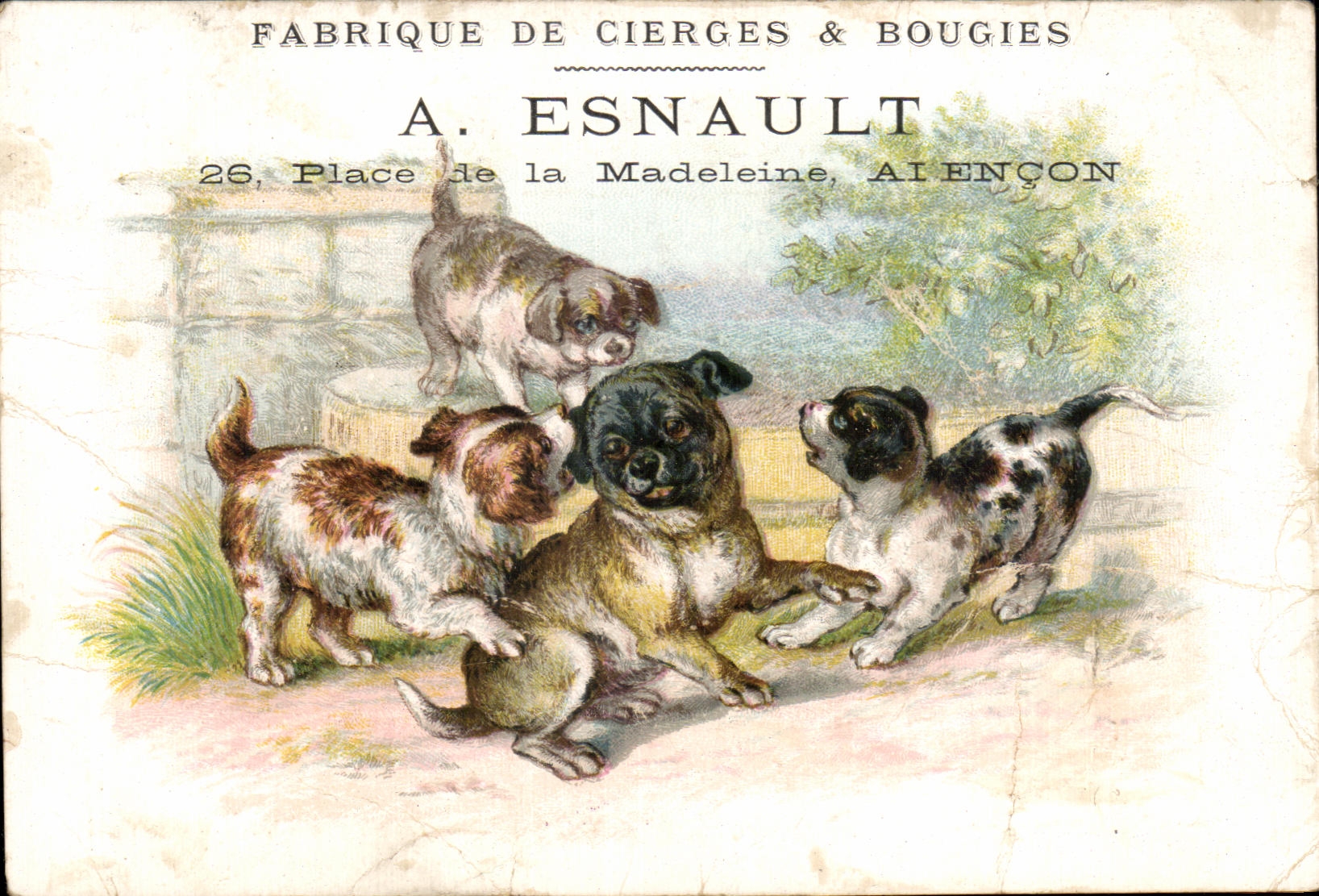 Chromo Fabrique De Cierges Bougies A Esnault Place de la Madeleince Alencon Chiens 