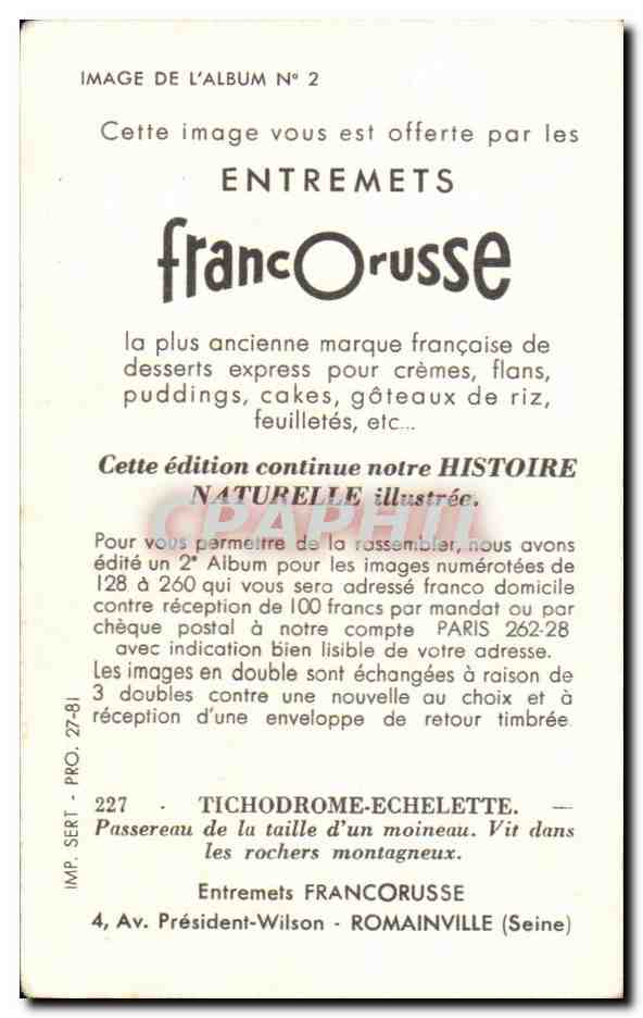 Image Tichodrome Echelette Oiseau Entremets Francorusse — Verso