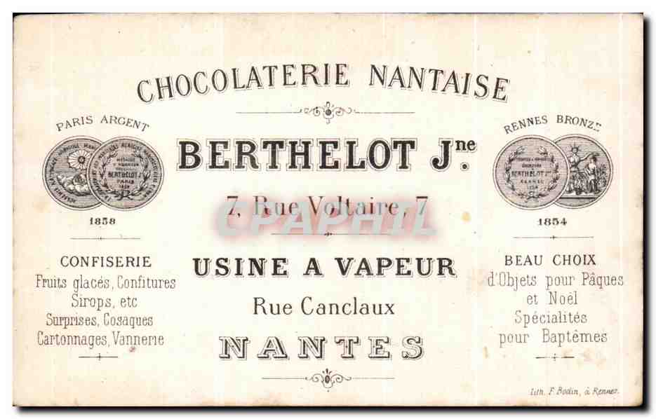 Chromo Chocolaterie Nantaise Berthelot Usine A Vapeur Rue canclaux Nantes Jeuen homme — Verso