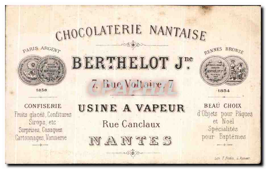 Chromo Chocolaterie Nantaise Berthelot Rue Voltaire Usine A vapeur Enfant a la poupee — Rückseite