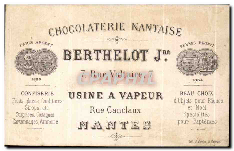 Chromo Chocolaterie Nantaise Berthelot Rue voltaire Usine A Vapeur Rue Canclaux Nantes Enfant poupee — Verso