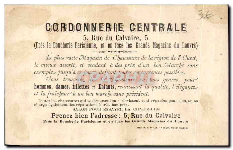 Chromo Cordonnerie Centrale Rue du Calvaire Paris Grands Magasins du Louvre — Rückseite