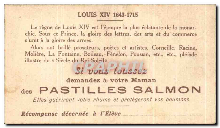 Louis XIV — Règne 1643-1715 — Carte publicitaire pour Pastilles Salmon — Verso