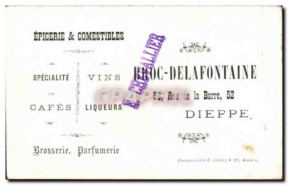 Chromo Broc Delafontaine Rue de a la Barre Dieppe Fleurs Epicerie  — Verso